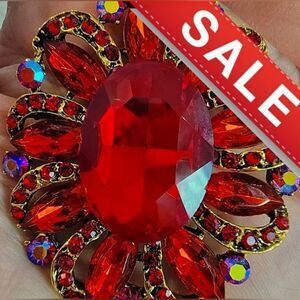#Vintage Oval Red Gold Aurora Borealis AB Rhinestone #Brooch Gold-Tone Open-Back